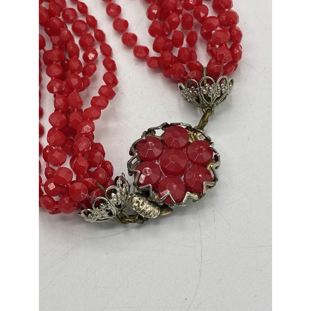 Vintage Multi Strand Red Faceted Bead Necklace Ornate Filigree Flower Clasp Long - Picture 4 of 5